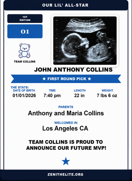 Sample Rookie card back — ultrasound photo, stats, and announcement